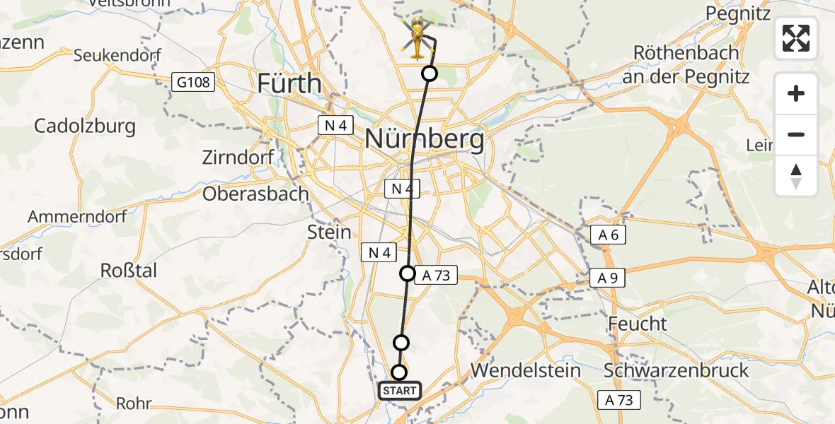 Flugroute Rettungshubschrauber Nürnberg - Nuremberg Airport, 23 Februar 2026, 09:46