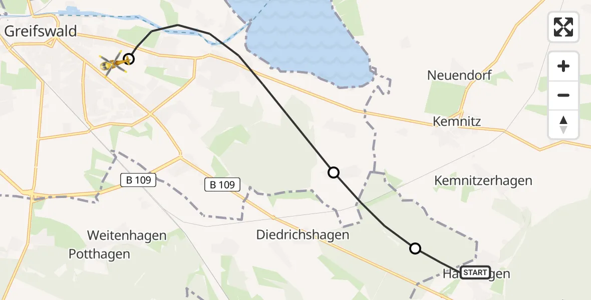 Flugroute Rettungshubschrauber Hanshagen - Greifswald Hospital Heliport, 23 Februar 2026, 09:46