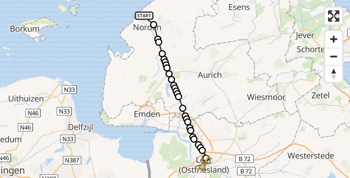 Routekaart van de vlucht: Ambulanzhubschrauber nach Leer (Ostfriesland), Augustenstraße