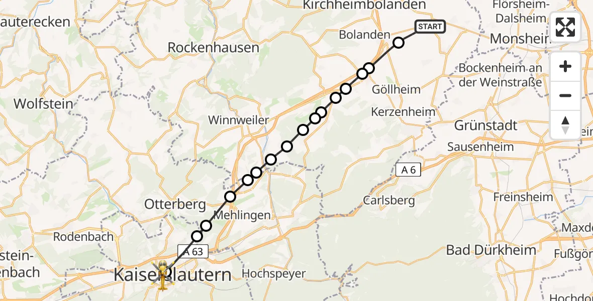 Flugroute Rettungshubschrauber Albisheim (Pfrimm) - Westpfalz Hospital Kaiserslautern Heliport, 23 Februar 2026, 09:57