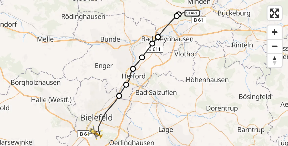 Flugroute Rettungshubschrauber Häverstädt - Luftrettungszentrum Bielefeld, 23 Februar 2026, 10:01