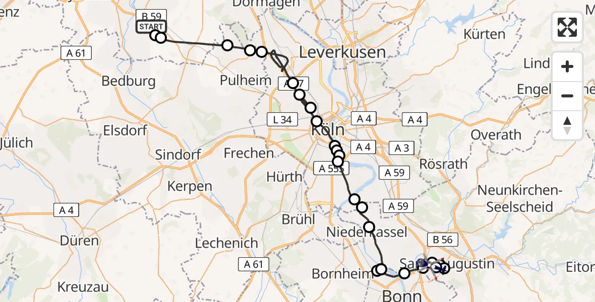 Flugroute Polizeihubschrauber Allrath - Bonn-Hangelar Airfield, 23 Februar 2026, 10:05