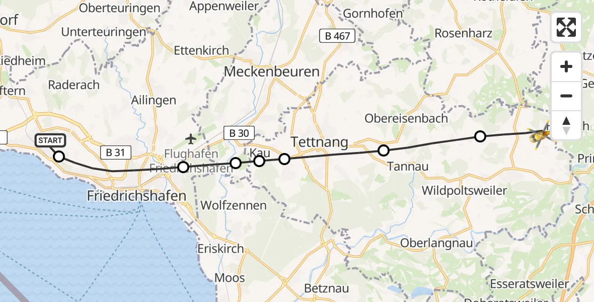 Flugroute Rettungshubschrauber Friedrichshafen Hospital Heliport - Neukirch, 23 Februar 2026, 10:09