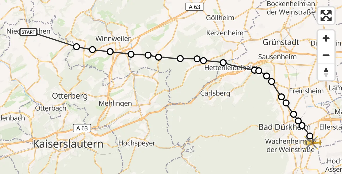 Flugroute Rettungshubschrauber Niederkirchen - Friedelsheim, 23 Februar 2026, 10:09