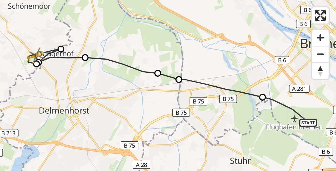 Flugroute Rettungshubschrauber Bremen Airport - Ganderkesee, 23 Februar 2026, 10:14