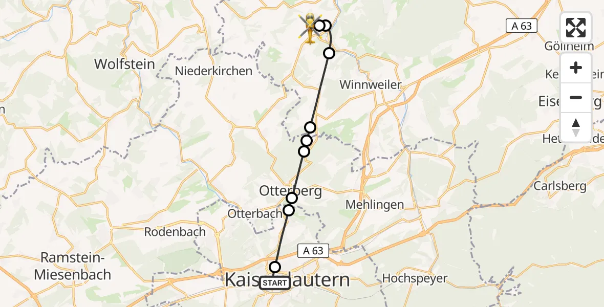 Flugroute Rettungshubschrauber Westpfalz Hospital Kaiserslautern Heliport - Imsweiler UL, 23 Februar 2026, 10:17