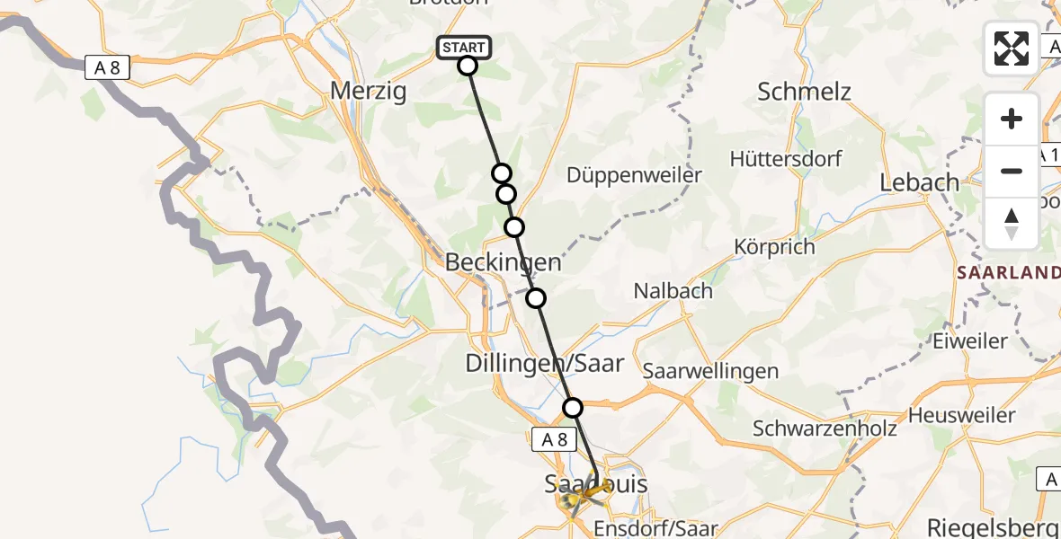 Flugroute Rettungshubschrauber Brotdorf - Saarlouis, 23 Februar 2026, 10:19