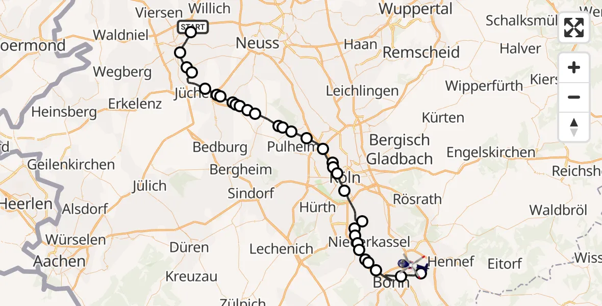 Flugroute Polizeihubschrauber Mönchengladbach Airport - Sankt Augustin, 23 Februar 2026, 10:20