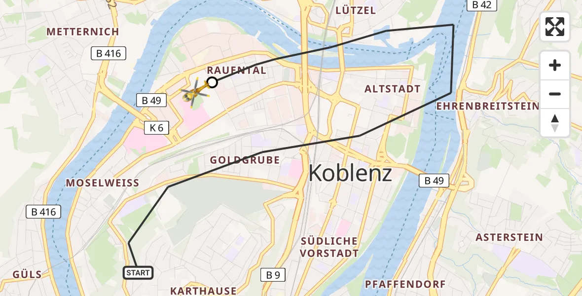 Flugroute Rettungshubschrauber Koblenz - Catholic Clinic Marienhof Koblenz Heliport, 23 Februar 2026, 10:27
