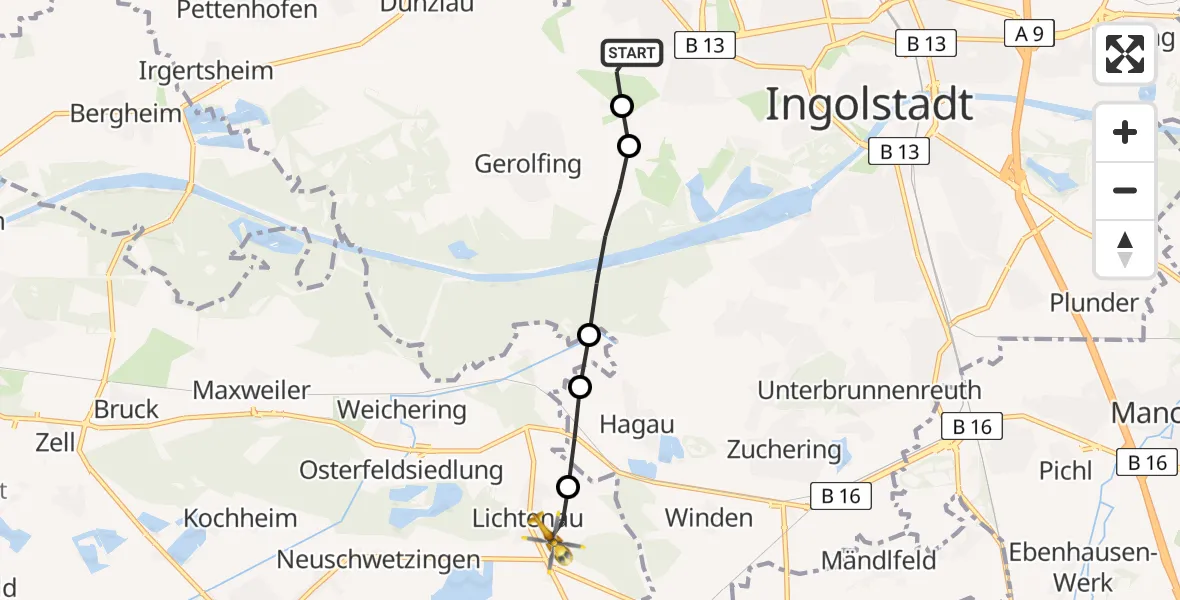 Flugroute Rettungshubschrauber Ingolstadt Hospital Heliport - Lichtenau, 23 Februar 2026, 10:39