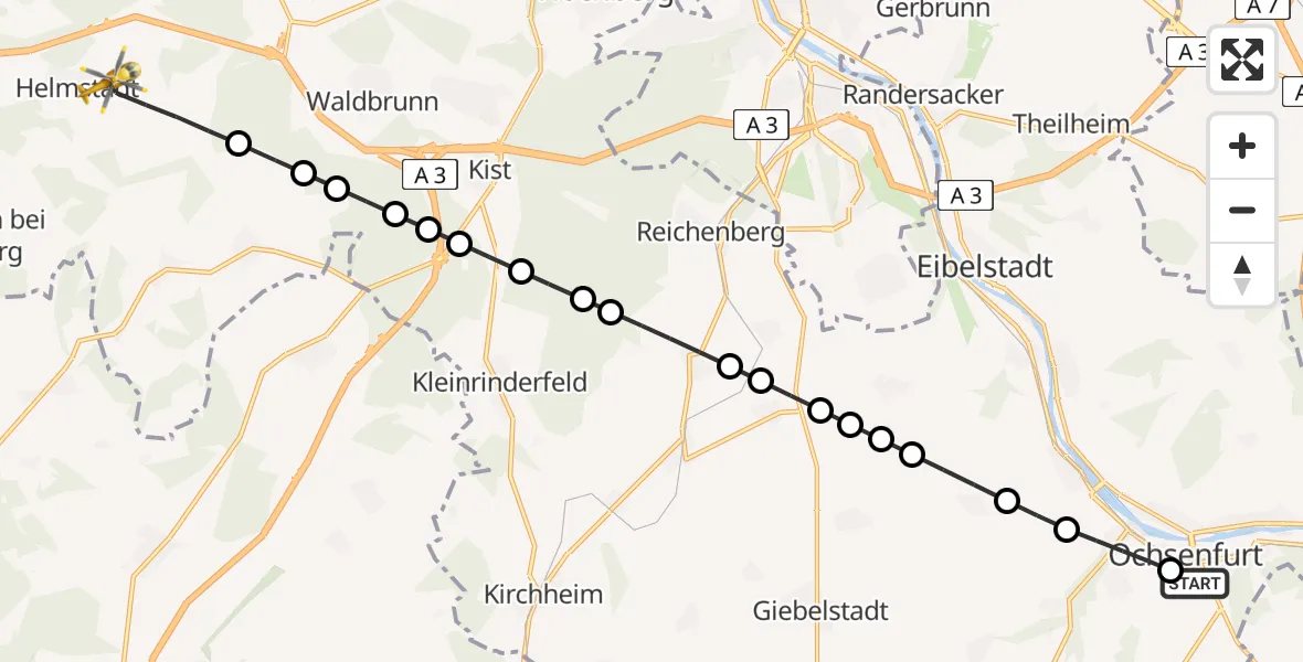Flugroute Rettungshubschrauber Ochsenfurt - Helmstadt, 23 Februar 2026, 10:39