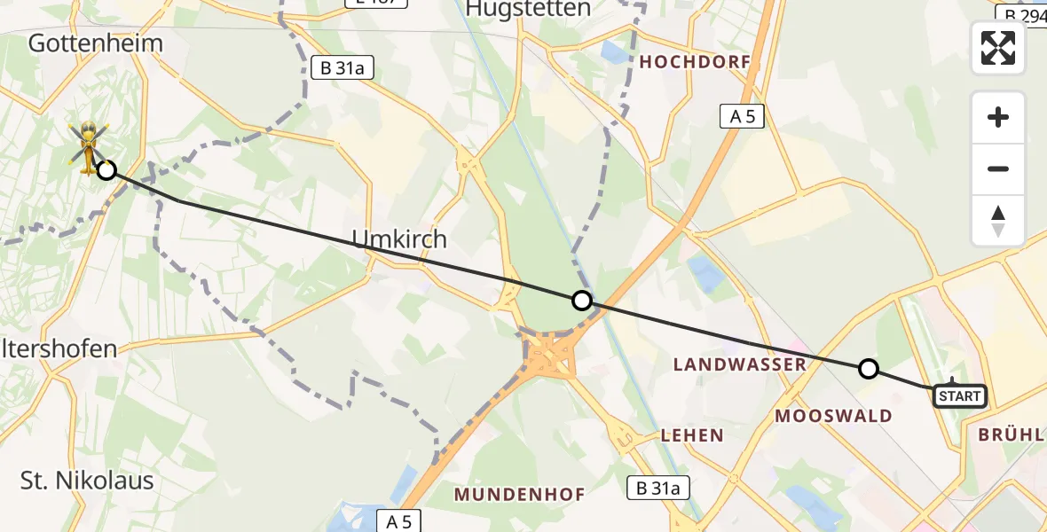 Flugroute Rettungshubschrauber Freiburg im Breisgau Airfield - Gottenheim, 23 Februar 2026, 10:45