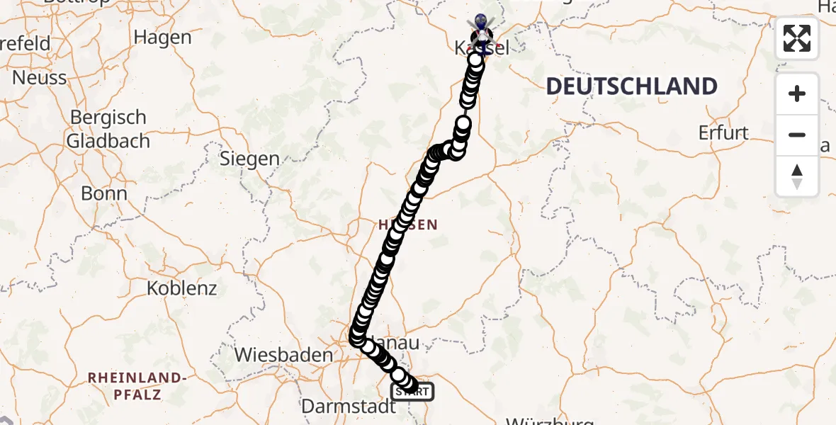 Flugroute Polizeihubschrauber Großostheim - Fuldatal Federal Police Heliport, 23 Februar 2026, 10:47