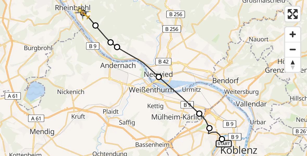 Flugroute Rettungshubschrauber Catholic Clinic Marienhof Koblenz Heliport - Rheinbrohl, 23 Februar 2026, 10:54