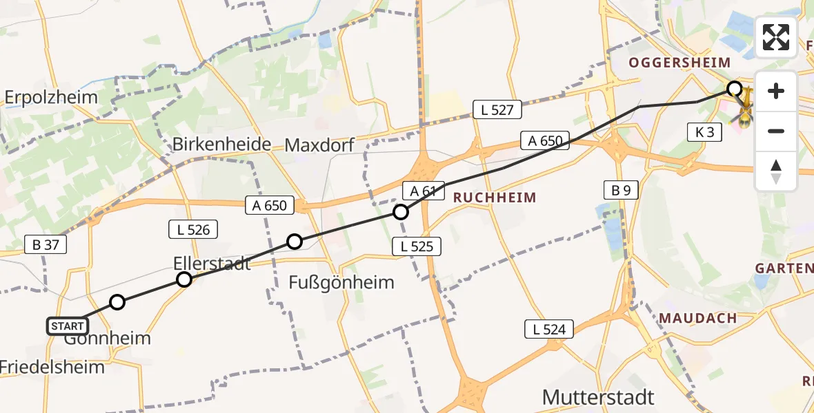 Routekaart van de vlucht: Rettungshubschrauber nach Ludwigshafen Accident Hospital Heliport