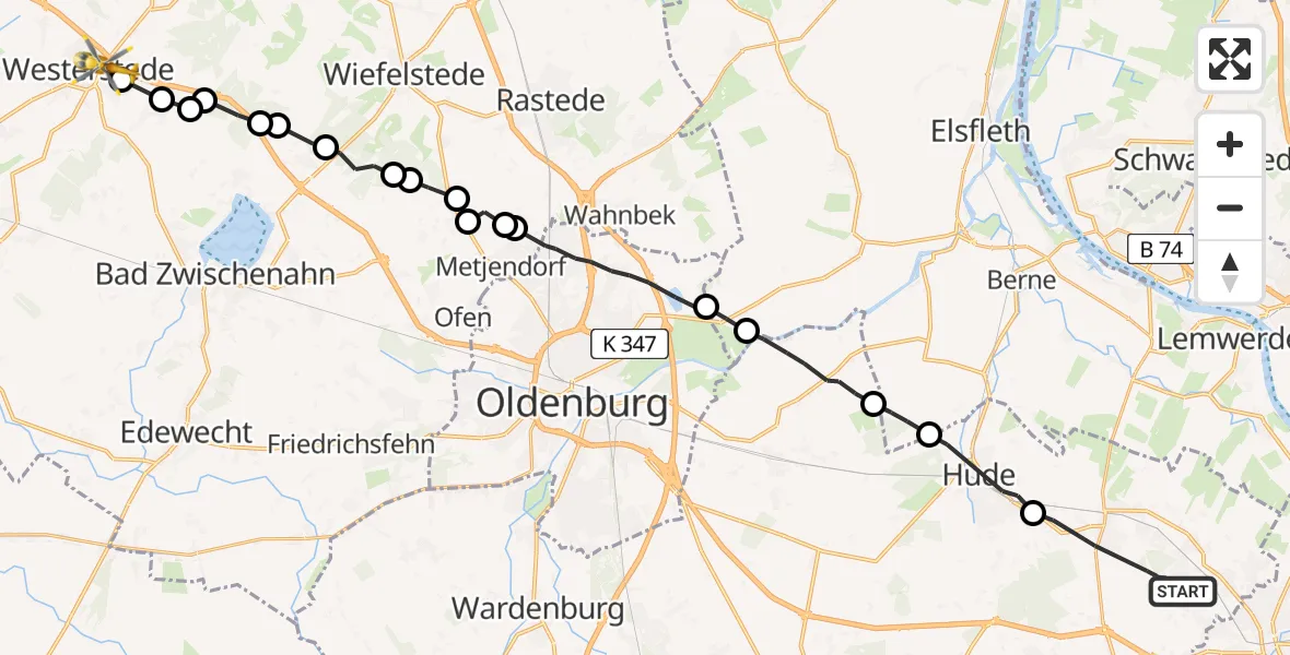 Flugroute Rettungshubschrauber Ganderkesee - Hüllstede, 23 Februar 2026, 10:58