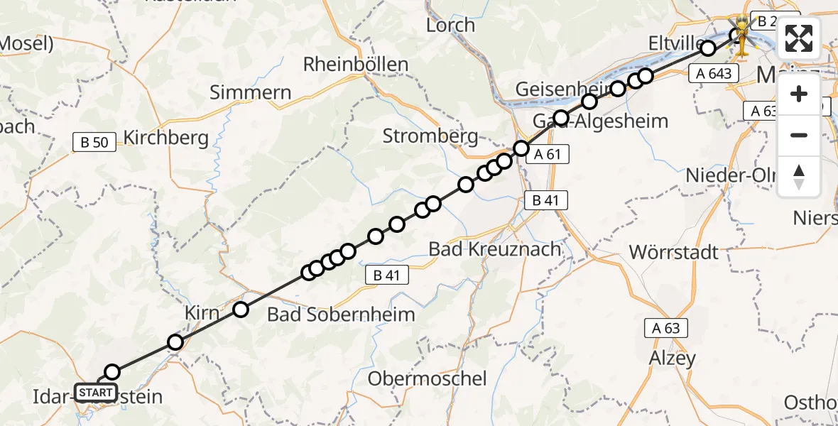 Flugroute Ambulanzhubschrauber Idar-Oberstein - Wiesbaden, 23 Februar 2026, 11:03