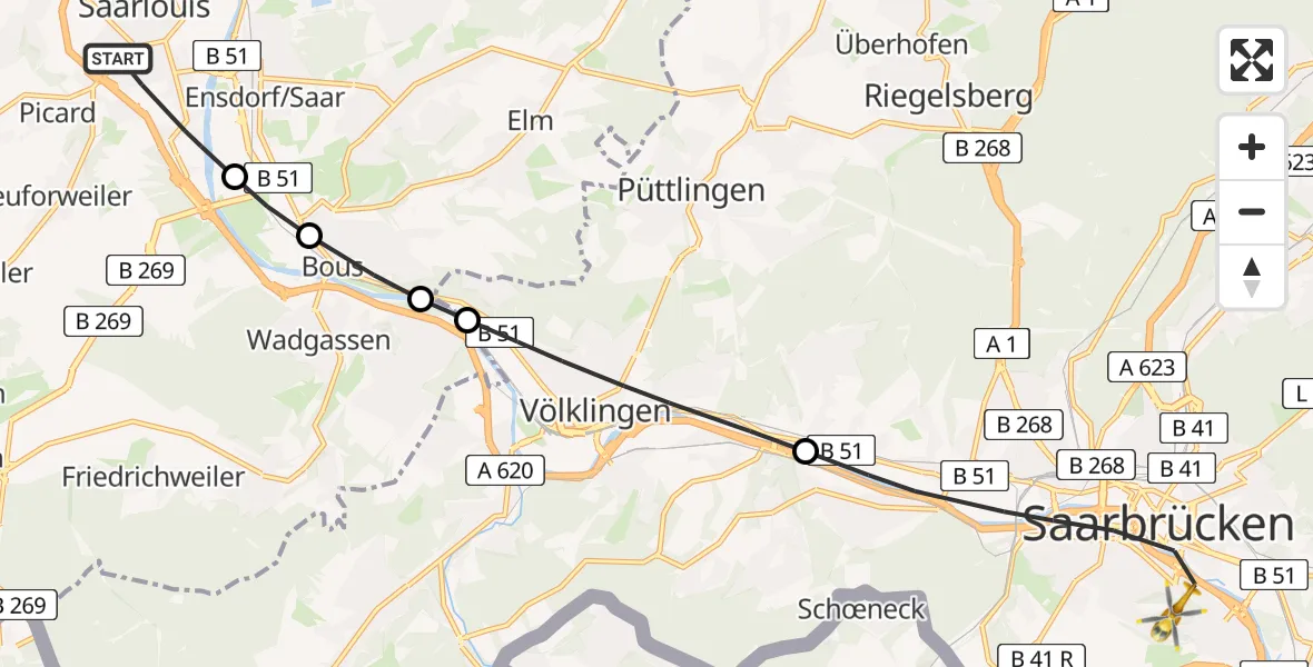Flugroute Rettungshubschrauber Saarlouis - Saarbrücken, 23 Februar 2026, 11:07