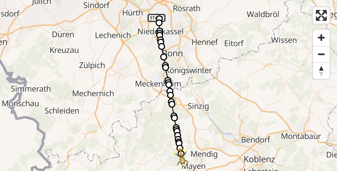 Flugroute Rettungshubschrauber Rodenkirchen - Waldesch, 23 Februar 2026, 11:17