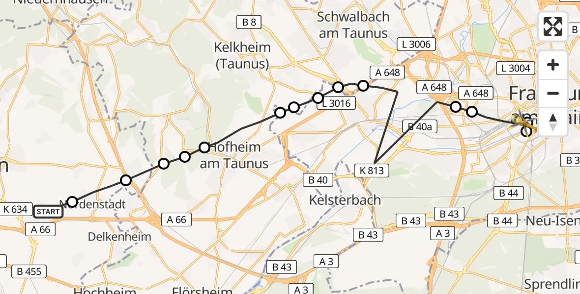 Flugroute Ambulanzhubschrauber Erbenheim - Innenstadt 1, 23 Februar 2026, 11:22