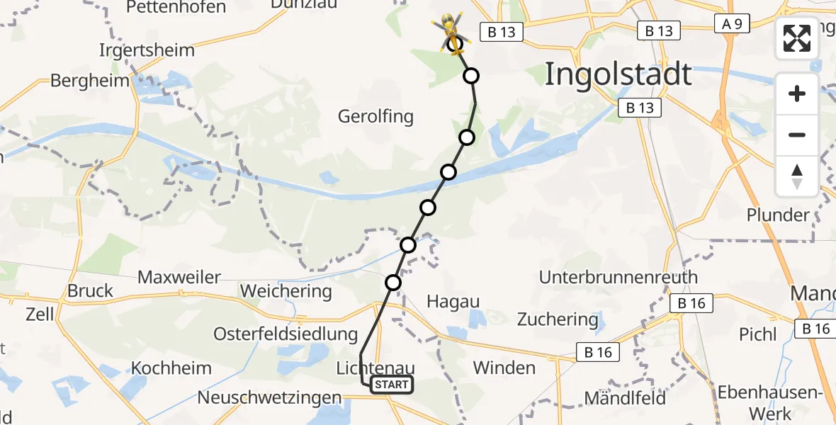 Flugroute Rettungshubschrauber Lichtenau - Ingolstadt Hospital Heliport, 23 Februar 2026, 11:26
