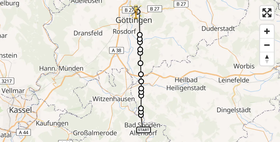 Flugroute Rettungshubschrauber Bad Sooden-Allendorf - Göttingen University Clinic Heliport, 23 Februar 2026, 11:26