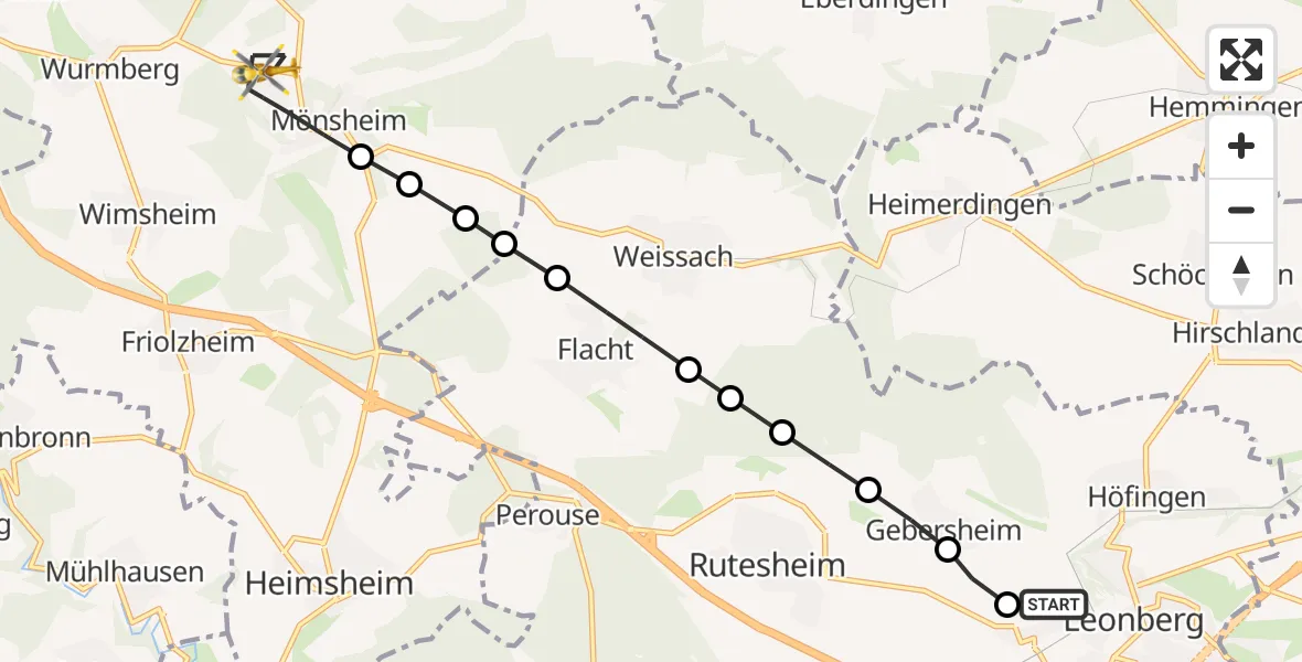 Flugroute Rettungshubschrauber Leonberg Hospital Heliport - Mönsheim, 23 Februar 2026, 11:31