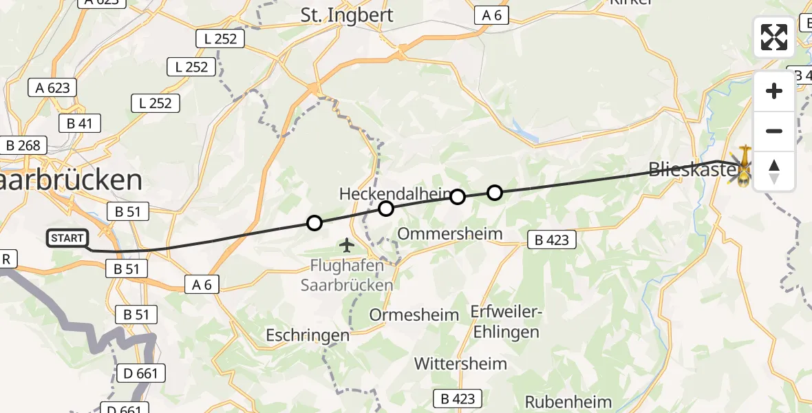 Flugroute Rettungshubschrauber Saarbrücken - Blieskastel, 23 Februar 2026, 11:31