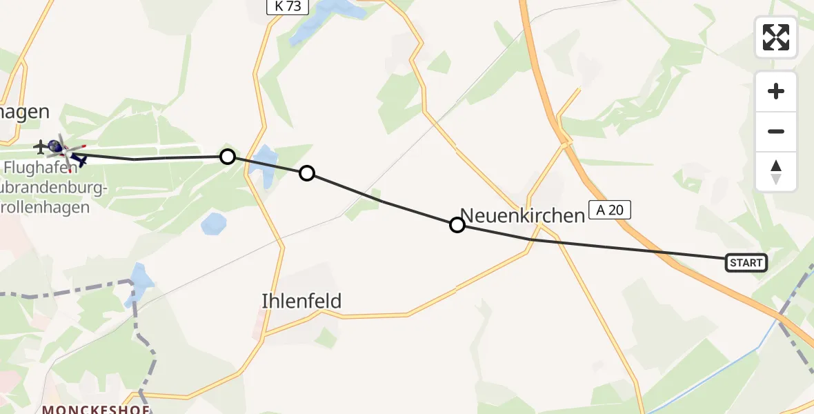 Flugroute Polizeihubschrauber Neuenkirchen - Neubrandenburg Trollenhagen Airport, 23 Februar 2026, 11:33