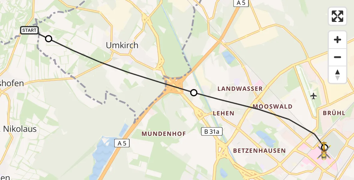 Flugroute Rettungshubschrauber Gottenheim - Freiburg University Hospital Heliport 1, 23 Februar 2026, 11:33