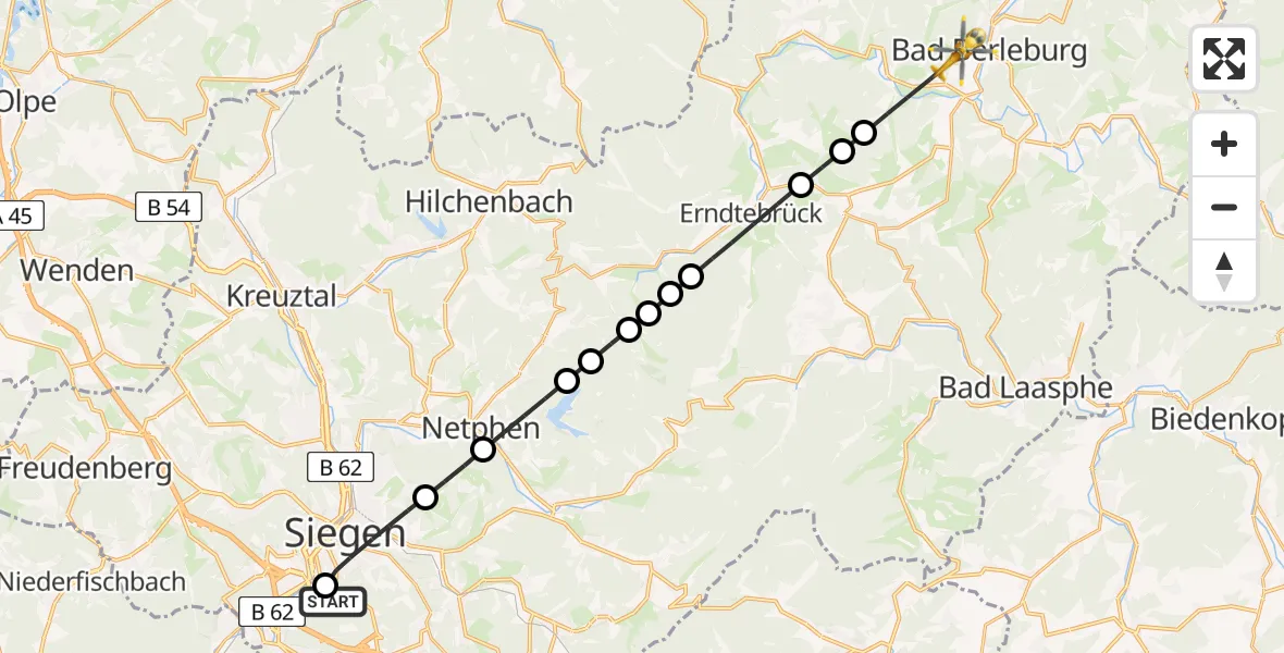 Flugroute Rettungshubschrauber Evangelisches Jung-Stilling Hospital Helipad - Bad Berleburg, 23 Februar 2026, 11:42