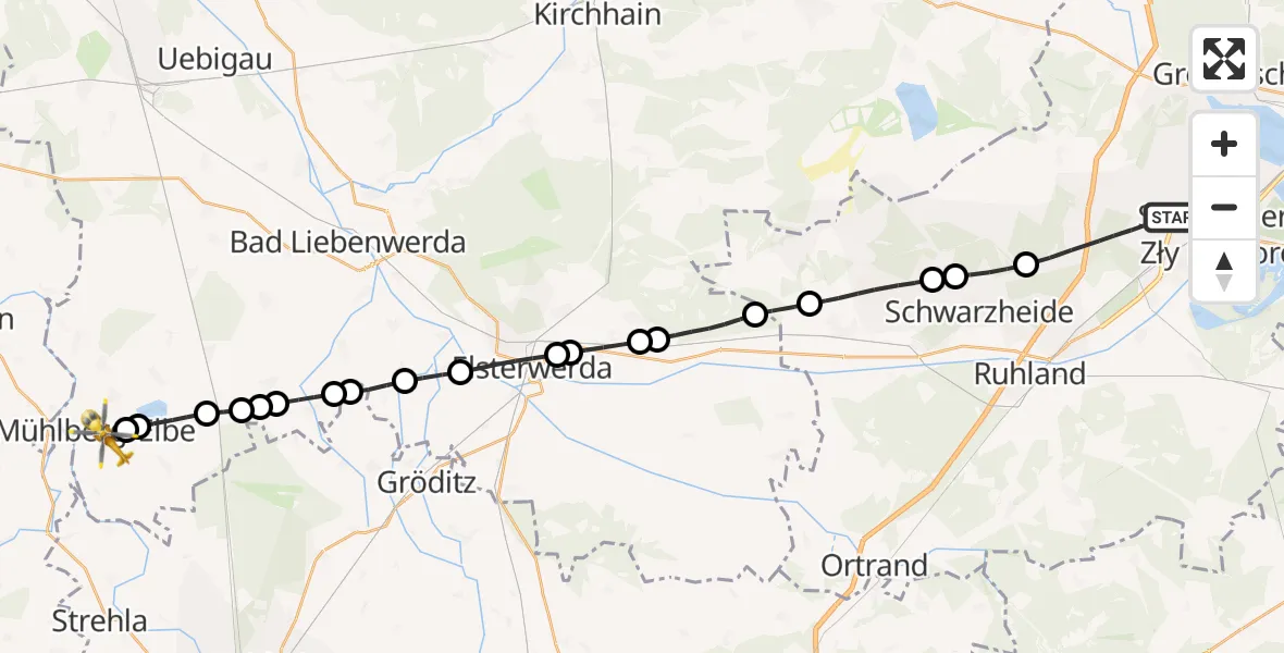 Flugroute Rettungshubschrauber Schipkau - Mühlberg/Elbe, 23 Februar 2026, 11:55