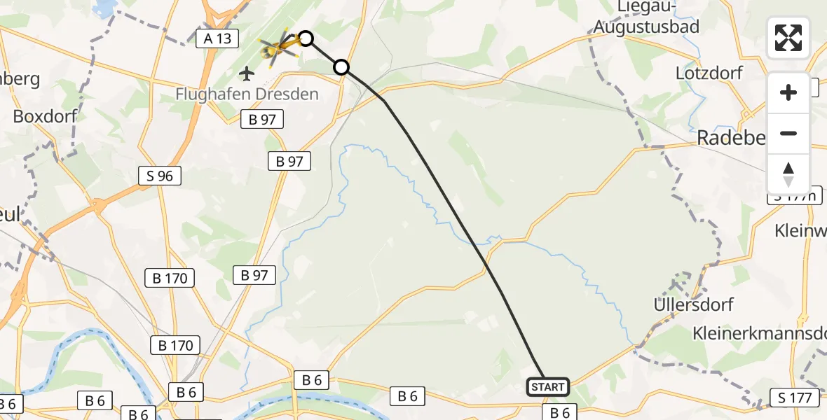 Flugroute Rettungshubschrauber Loschwitz - Dresden Federal Police Heliport, 23 Februar 2026, 12:00