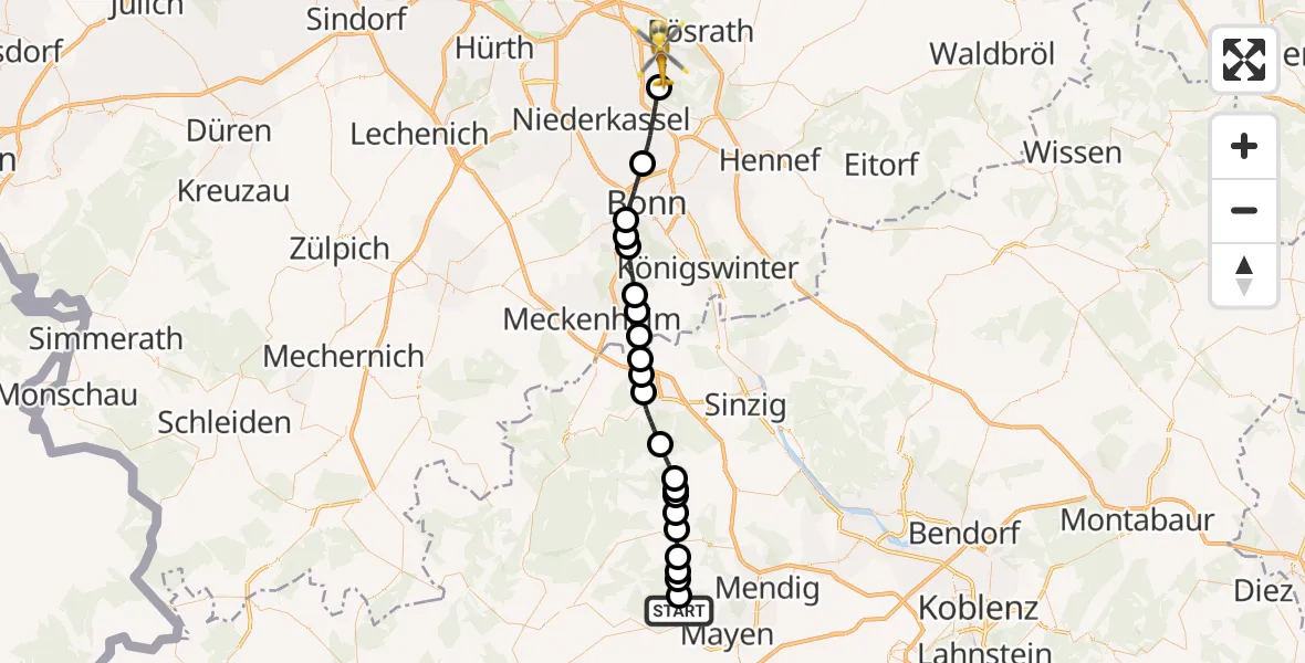 Flugroute Rettungshubschrauber Nitztal - Cologne Bonn Airport, 23 Februar 2026, 12:01