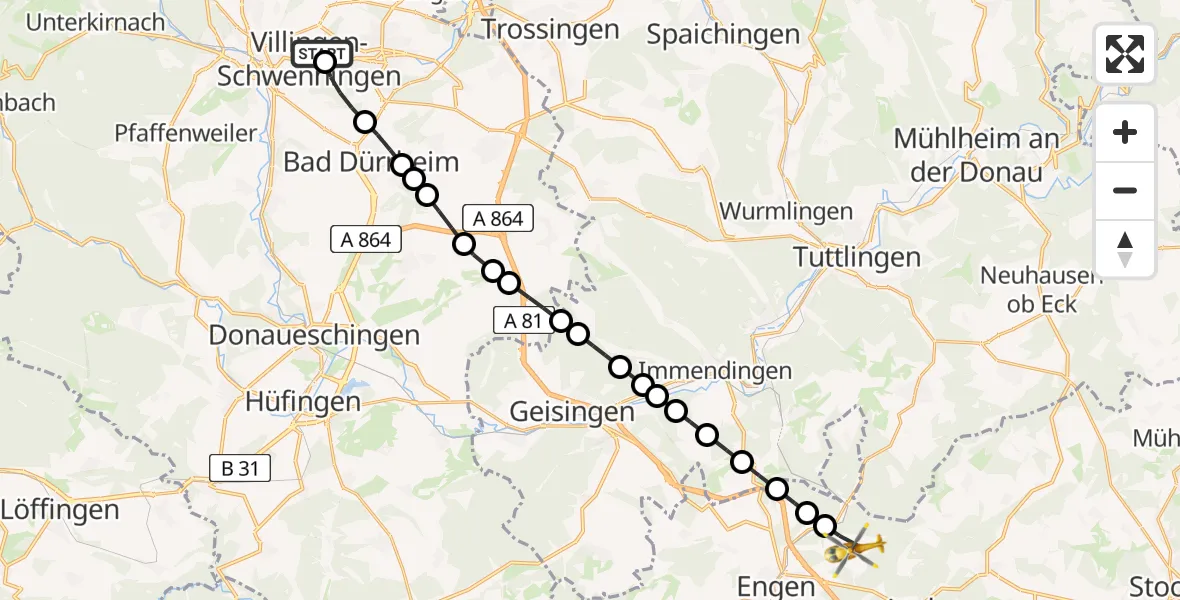 Flugroute Rettungshubschrauber DRF Air Rescue Station Villingen-Schwenningen Heliport (Christoph 11) - Bittelbrunn, 23 Februar 2026, 12:04