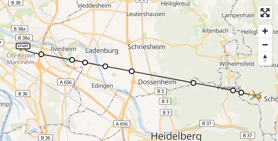 Flugroute Rettungshubschrauber Mannheim-City Airport - Schönau, 23 Februar 2026, 12:09