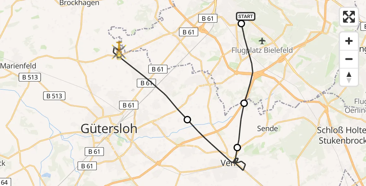 Flugroute Rettungshubschrauber Luftrettungszentrum Bielefeld - Gütersloh, 23 Februar 2026, 12:19