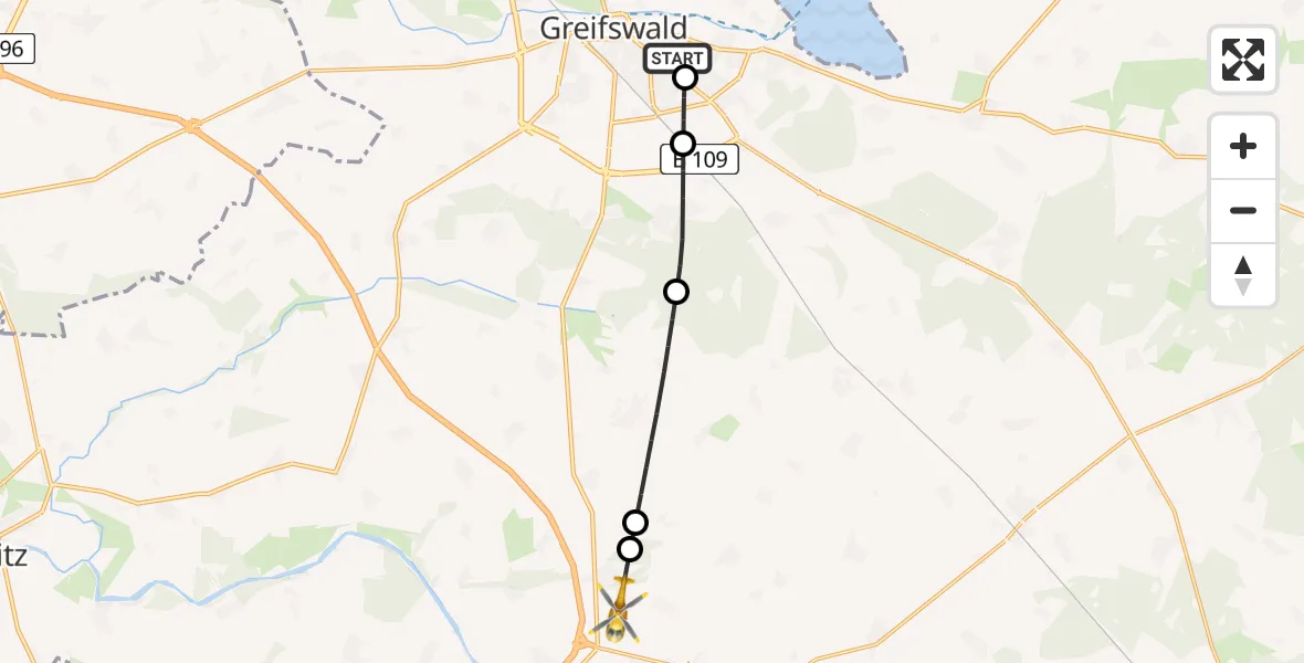 Flugroute Rettungshubschrauber Greifswald Hospital Heliport - Bandelin, 23 Februar 2026, 12:19