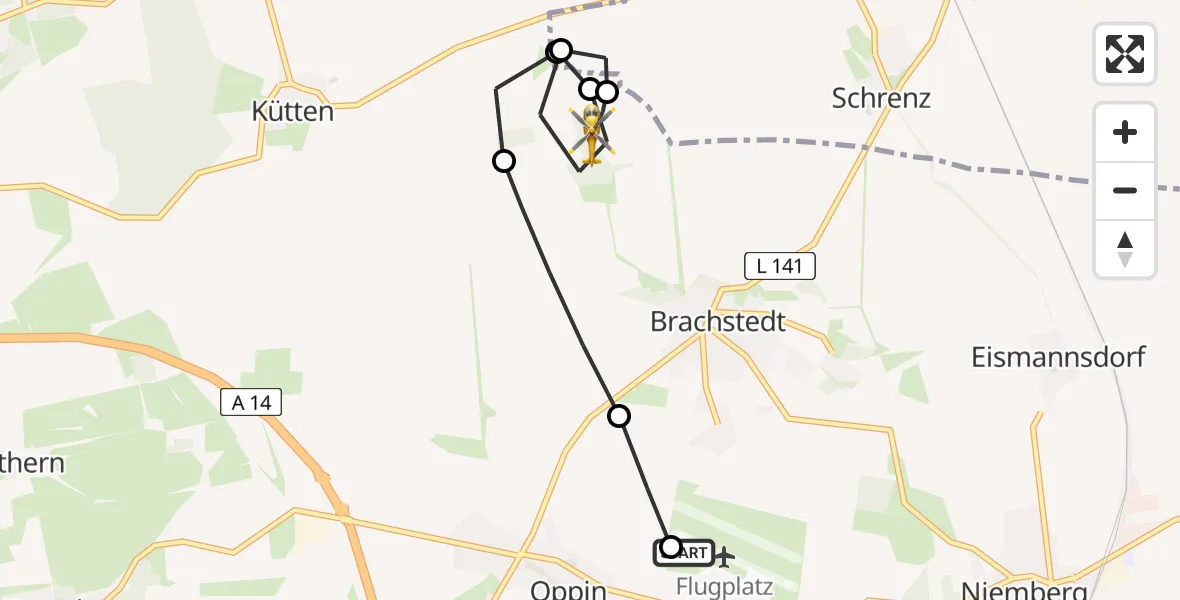 Flugroute Ambulanzhubschrauber Halle-Oppin Airfield - Brachstedt, 23 Februar 2026, 12:25