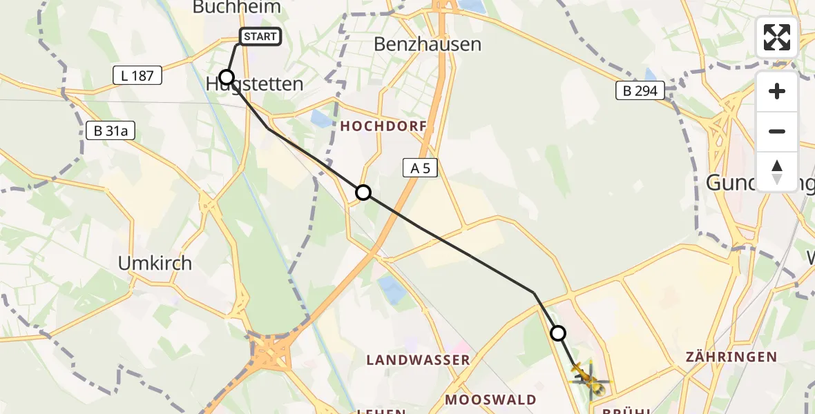 Flugroute Rettungshubschrauber Buchheim - Freiburg im Breisgau Airfield, 23 Februar 2026, 12:26