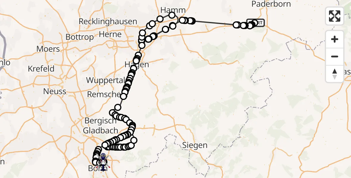 Flugroute Polizeihubschrauber Paderborn Lippstadt Airport - Sankt Augustin, 23 Februar 2026, 12:27