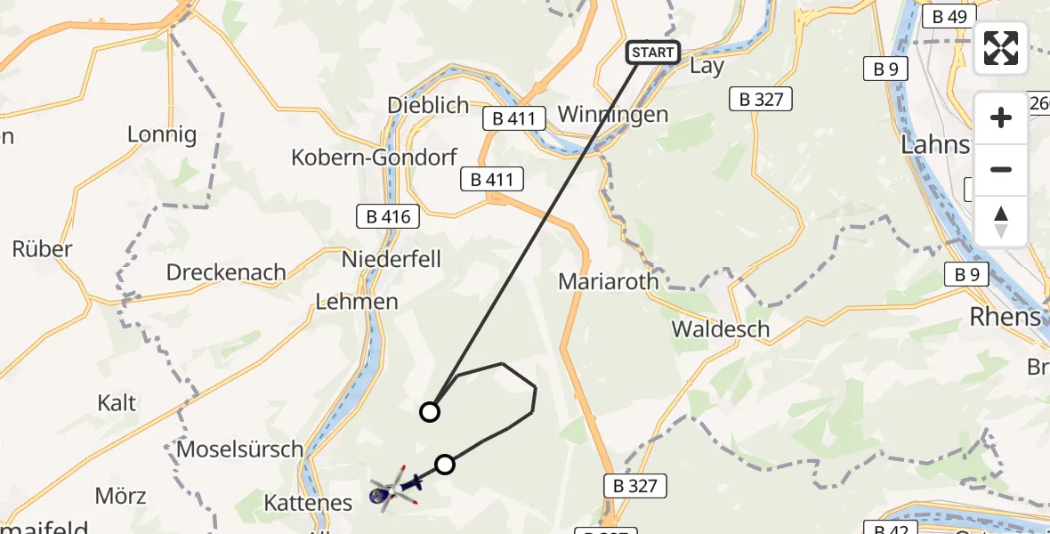 Flugroute Polizeihubschrauber Koblenz-Winningen Airfield - Oberfell, 23 Februar 2026, 12:29