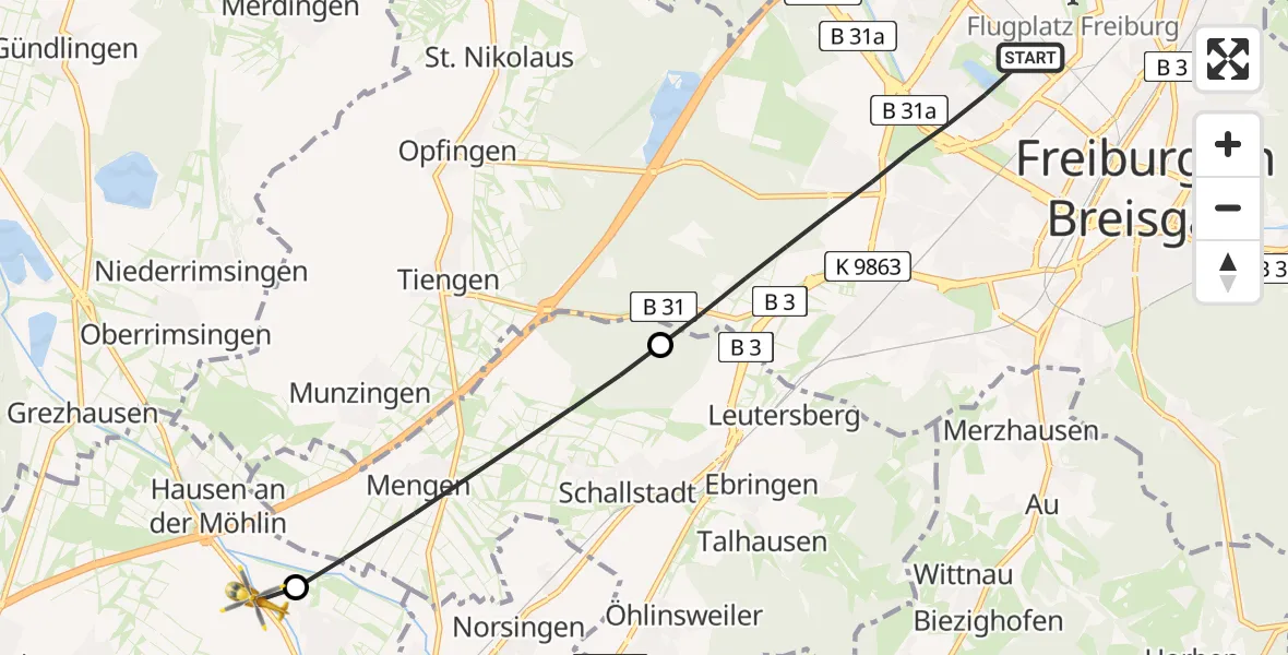 Flugroute Rettungshubschrauber Freiburg im Breisgau - Biengen, 23 Februar 2026, 12:31