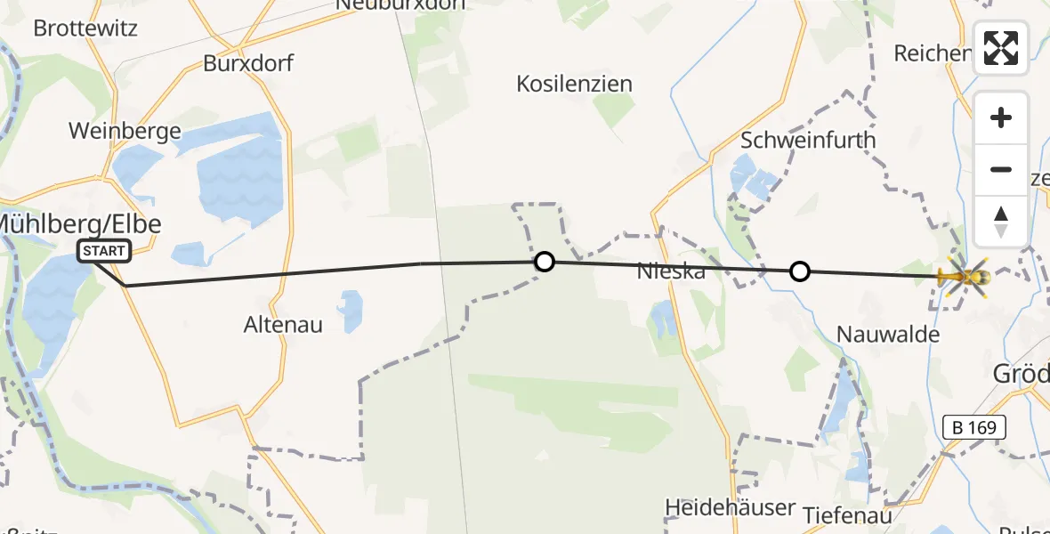 Flugroute Rettungshubschrauber Mühlberg/Elbe - Stolzenhain, 23 Februar 2026, 12:32