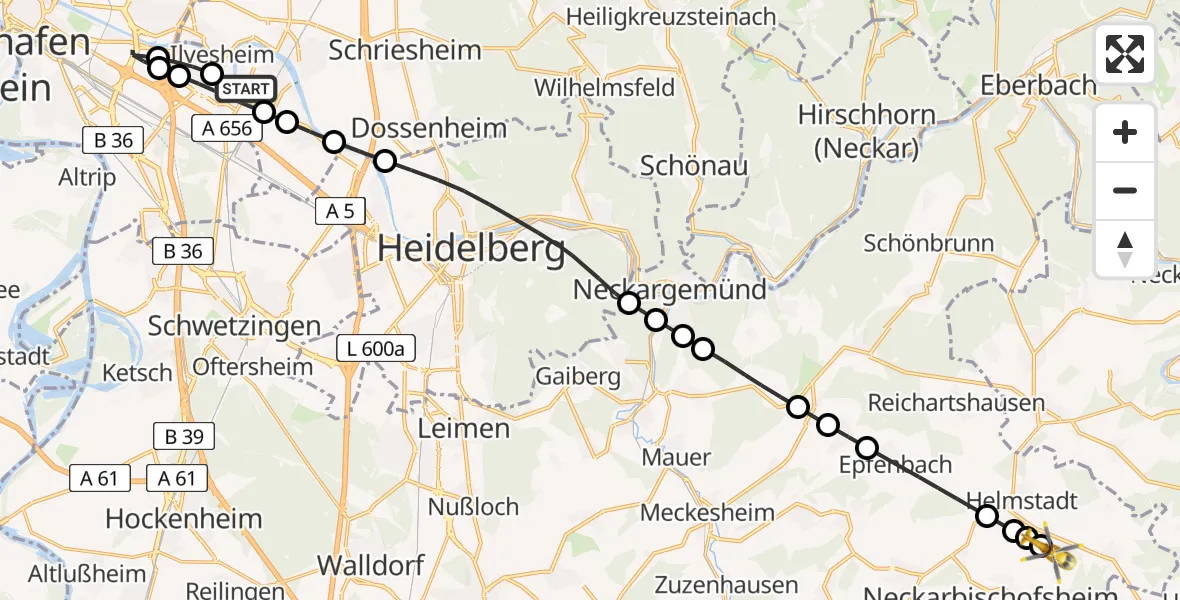 Flugroute Rettungshubschrauber Ilvesheim - Helmstadt-Bargen, 23 Februar 2026, 12:48