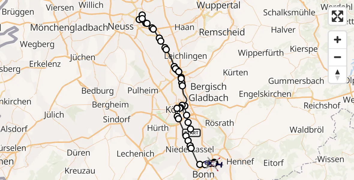 Flugroute Polizeihubschrauber Porz - Sankt Augustin, 23 Februar 2026, 12:48