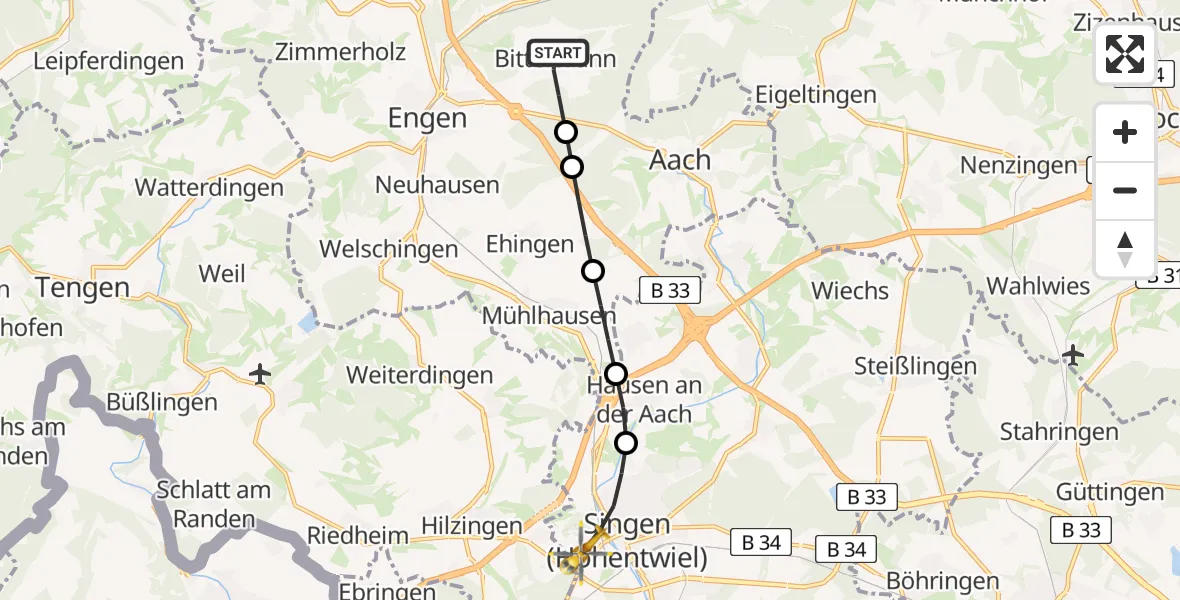 Flugroute Rettungshubschrauber Bittelbrunn - Singen (Hohentwiel), 23 Februar 2026, 12:49