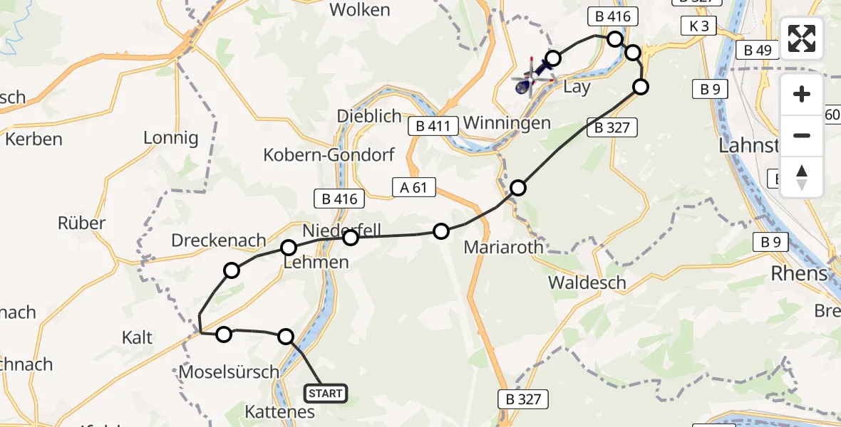Flugroute Polizeihubschrauber Oberfell - Koblenz-Winningen Airfield, 23 Februar 2026, 12:56