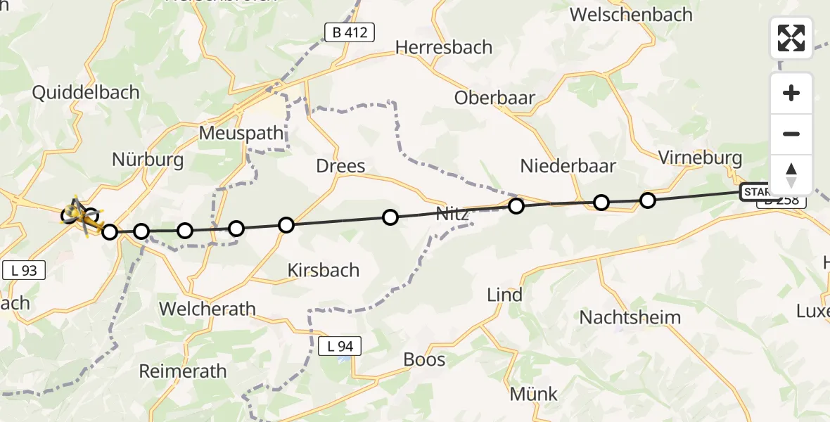 Flugroute Ambulanzhubschrauber Virneburg - Nürburgring Heliport, 23 Februar 2026, 12:58