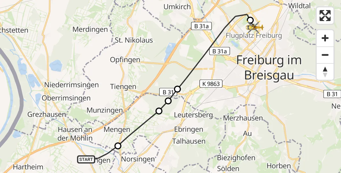 Flugroute Rettungshubschrauber Biengen - Freiburg im Breisgau Airfield, 23 Februar 2026, 13:09